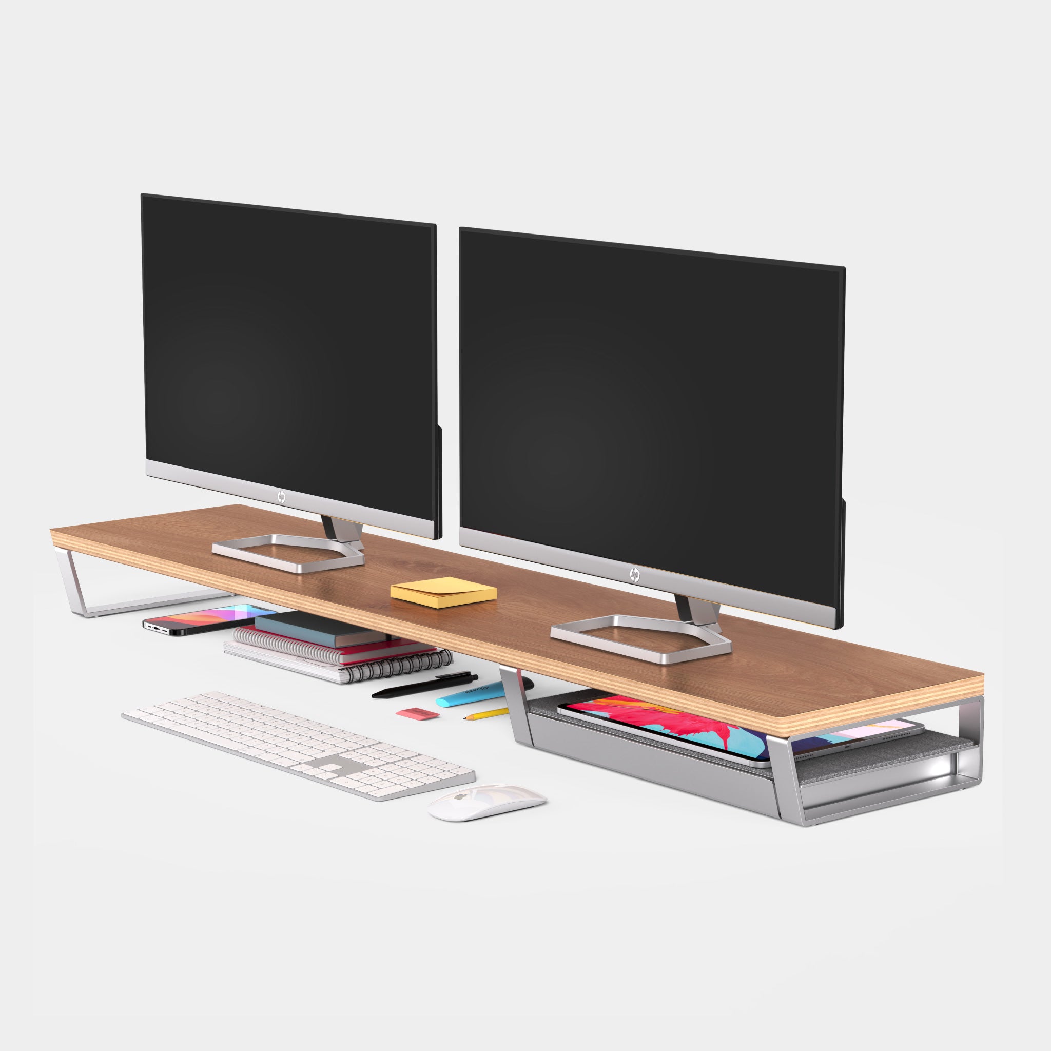 Desk Shelf & Wooden Dual Monitor Stand System